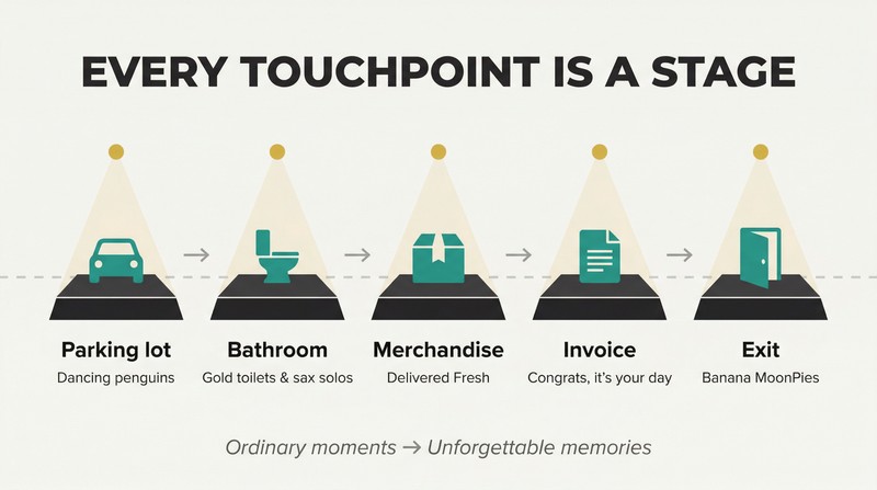 Horizontal journey path connecting five small theater stages — parking, bathroom, merchandise, invoice, and exit — each lit by a spotlight, showing ordinary moments transformed into performances.