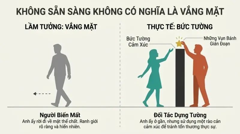 A split-screen diagram contrasting the myth of an absent partner with the reality of an emotionally walled-off partner.