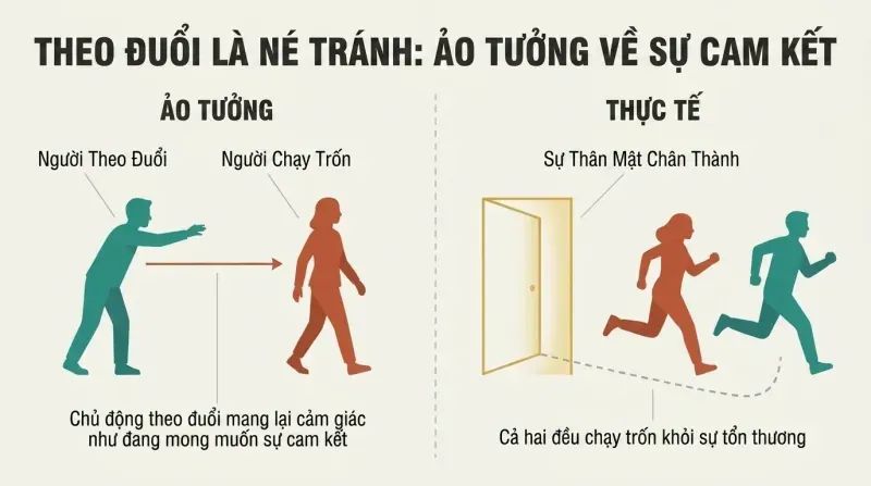 A split-panel diagram showing that while chasing an unavailable partner looks like pursuing commitment, both partners are actually running away from genuine intimacy.