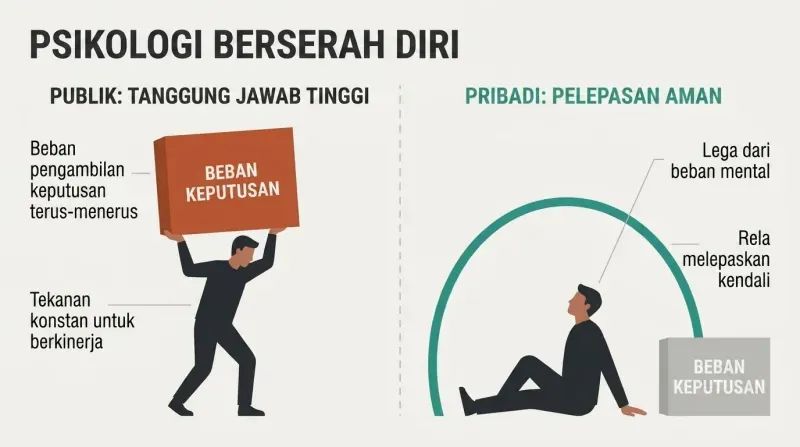A split-panel diagram showing how high-responsibility public leadership creates a deep private need to surrender control and find relief.