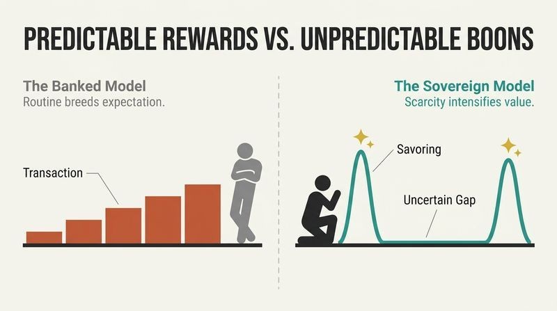Split panel comparison showing how regular, predictable rewards lead to low anticipation and boredom, while scarce, unpredictable boons create intense anticipation and high value.