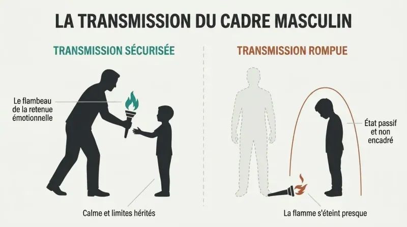 A split-panel diagram contrasting a father passing a glowing teal torch of emotional restraint to his son with an absent father scenario where the torch lies dropped and the son is left unframed.