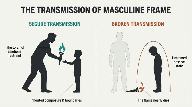 A split-panel diagram contrasting a father passing a glowing teal torch of emotional restraint to his son with an absent father scenario where the torch lies dropped and the son is left unframed.