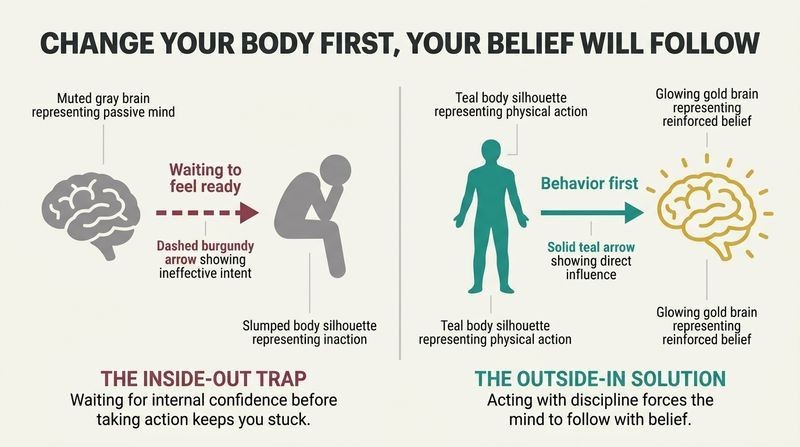 Split panel diagram comparing the failed approach of waiting for self-belief to drive action versus using physical action to rewire the mind.
