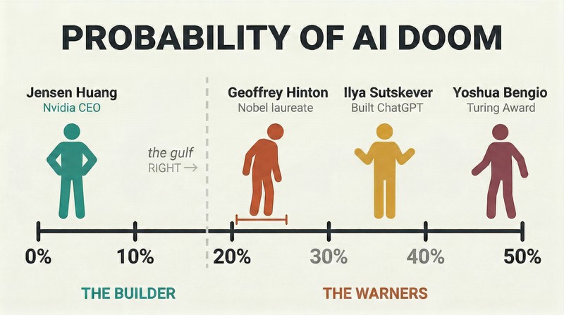 Horizontal probability spectrum from 0% to 50% showing Jensen Huang alone at zero while leading AI scientists cluster at alarming percentages.