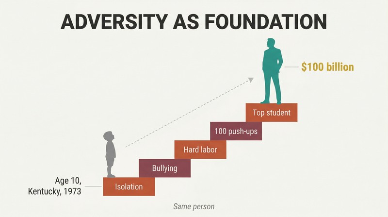 Small silhouette climbs an ascending staircase of labeled hardship blocks toward a tall confident silhouette at the top, showing adversity transformed into elevation.