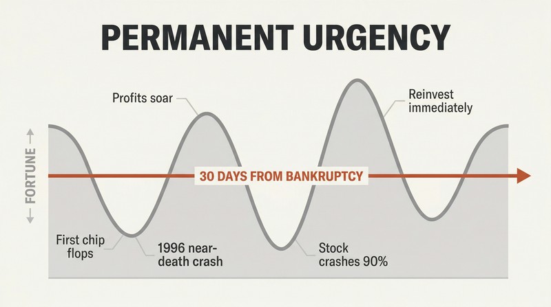 A volatile wave of company fortune with dramatic peaks and crashes, bisected by a single steady horizontal line representing constant thirty-day urgency mindset.