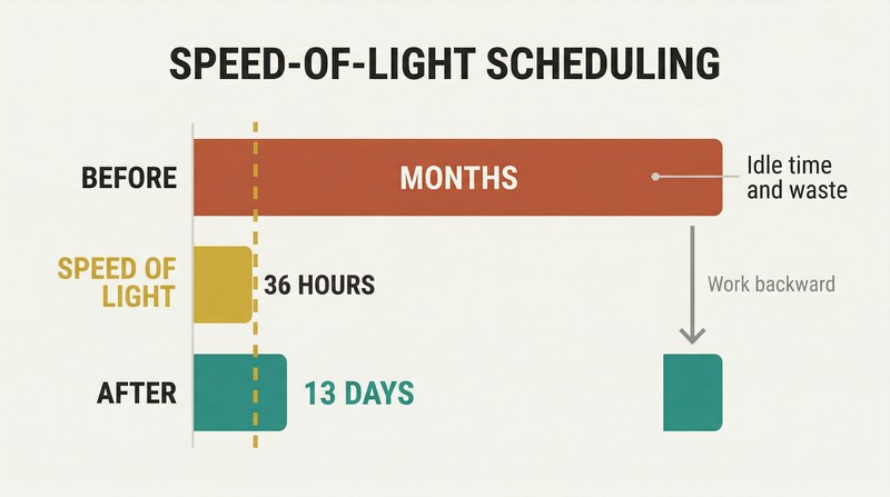 Three horizontal bars comparing original months-long cycle time, theoretical minimum labor time, and compressed thirteen-day result against a vertical speed-of-light reference line.
