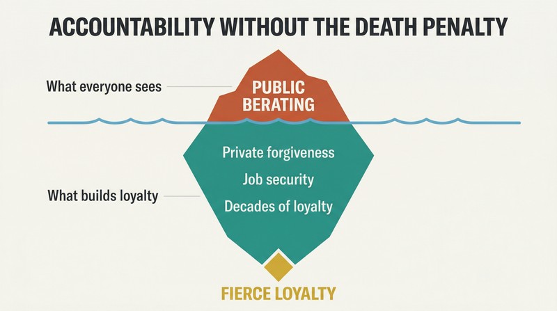Iceberg diagram showing public berating as a small visible tip above water, with private forgiveness and job security as the much larger hidden foundation below.