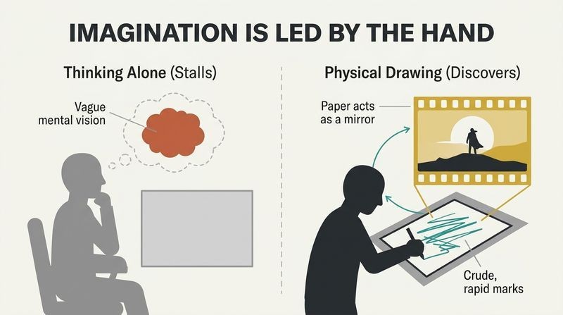Split-panel diagram showing a blank mind attempting to think of a film scene versus a hand actively sketching crude drawings, which project a clear, discovered camera shot like a mirror.