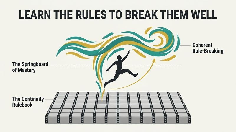 Diagram showing a rigid, grid-like foundation representing continuity rules, acting as a launchpad for a silhouette figure jumping upward into fluid, artistic waves representing deliberate creative expression.