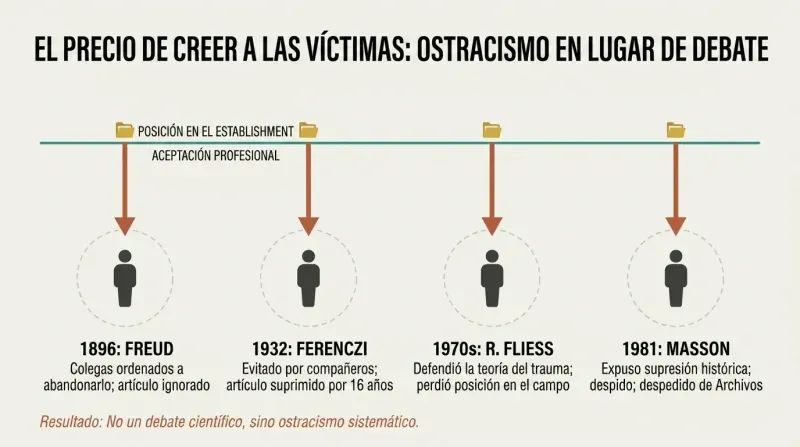 A timeline diagram showing four generations of analysts (Freud, Ferenczi, R. Fliess, and Masson) falling from professional standing into isolation for defending victims' accounts of abuse.