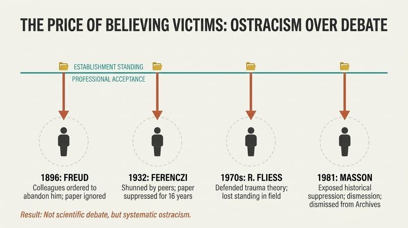 A timeline diagram showing four generations of analysts (Freud, Ferenczi, R. Fliess, and Masson) falling from professional standing into isolation for defending victims' accounts of abuse.