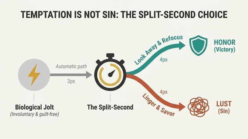A branching timeline showing how an involuntary biological jolt leads to a split-second pause, which then forks into two deliberate choices: looking away (leading to honor) or lingering (leading to sin).