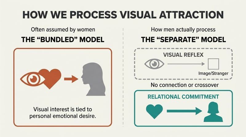 Split-panel diagram contrasting a unified model of attraction with a compartmentalized model to show that a passing visual reflex does not affect relationship commitment.