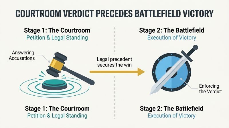A two-stage sequential diagram showing a judge's gavel on the left and a sword and shield on the right, connected by a gold arrow to illustrate that legal authority must be established in the courtroom before engaging in battlefield warfare.