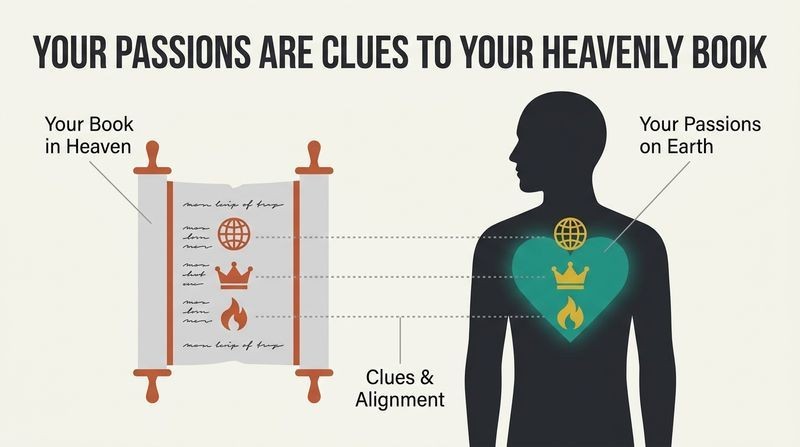 Split diagram showing a heavenly scroll of destiny on the left aligned with a human heart on the right, displaying how written heavenly purposes mirror internal earthly passions.