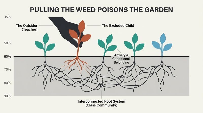 A cross-section of a garden where a hand pulls out one plant, tearing the interconnected root system shared by all the remaining plants.