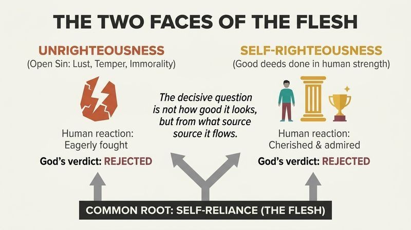 A split comparison diagram showing how open sin and self-reliant good deeds both stem from the same root of self-reliance and are equally rejected by God.