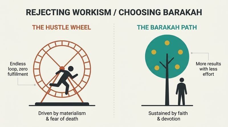 Split panel diagram comparing the anxious, endless loop of the Hustle Wheel with the rooted, fruitful growth of the Barakah Path.