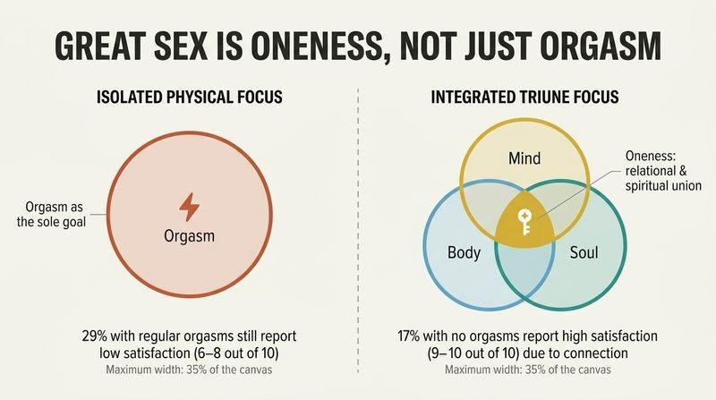Split diagram comparing an isolated physical focus with an integrated triune union of body, soul, and mind that creates true sexual intimacy.