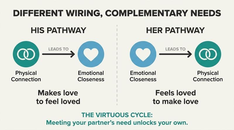 Split panel diagram comparing male and female intimacy pathways, showing how men use physical connection to feel emotional closeness, while women require emotional closeness to experience physical desire.