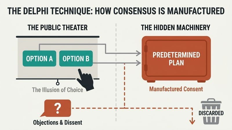Split-panel diagram showing a public meeting stage on the left where choices seem real, while the right side reveals both choices wire directly to a single predetermined plan.