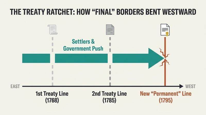 A horizontal progression diagram showing three successive treaty boundary lines being broken one after another by a dominant westward-moving arrow.