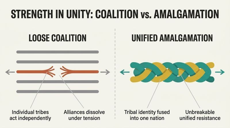 Split panel infographic showing a loose bundle of individual threads snapping under tension compared to a tightly woven, unbreakable braided rope representing Tecumseh's vision of unified nationhood.