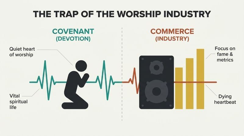 Split panel diagram comparing genuine covenant worship with a strong spiritual heartbeat to a commercialized worship industry with rising metrics but a flatlining heartbeat.