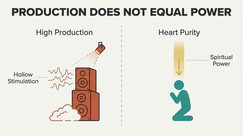 Split-panel diagram contrasting high-production stage equipment that yields only hollow stimulation with a pure, simple heart that receives true spiritual power.