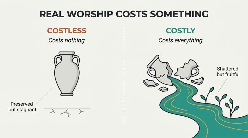 A split-panel diagram contrasting an unbroken alabaster jar on the left representing safe, costless worship with no impact, and a shattered alabaster jar on the right spilling rich oil that sparks new plant growth, representing costly, transformational sacrifice.