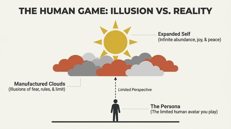 A vertical layered diagram showing a golden sun labeled Expanded Self at the top, blocked by terracotta and gray clouds labeled Manufactured Limitations, while a small human silhouette at the bottom looks up, only able to see the clouds.