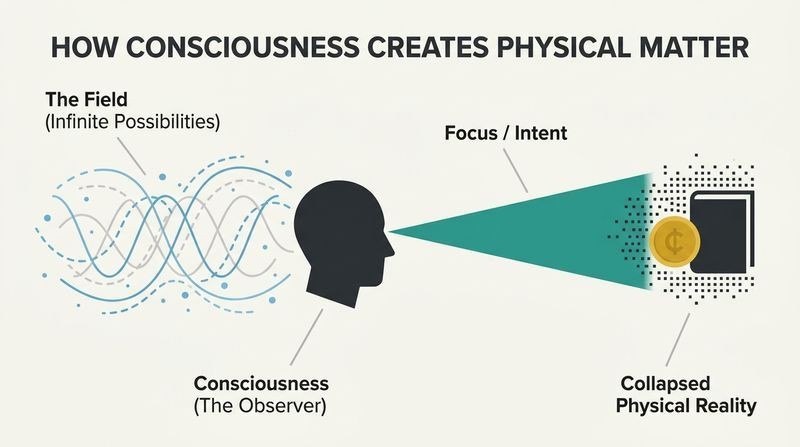 Transformation diagram showing how a focused beam of consciousness collapses a field of infinite potential waves into solid, defined physical objects on the right.