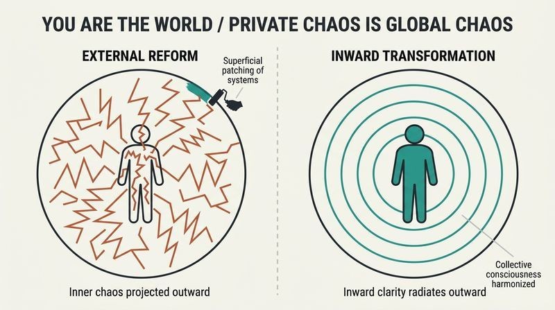 A comparative split-panel diagram showing that external societal reform fails when inner minds remain chaotic, while inward transformation naturally heals the outer world.