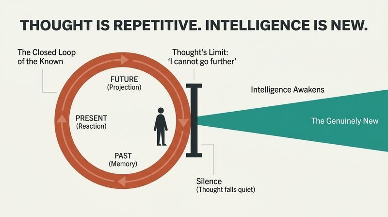 Infographic contrasting the repetitive closed loop of thought and memory with the open, linear awakening of intelligence into the genuinely new.