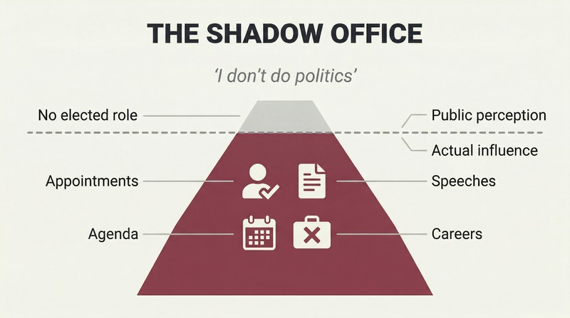 Iceberg diagram showing a tiny official role above a dividing line and a massive zone of hidden political influence — appointments, speeches, agenda, careers — below it.