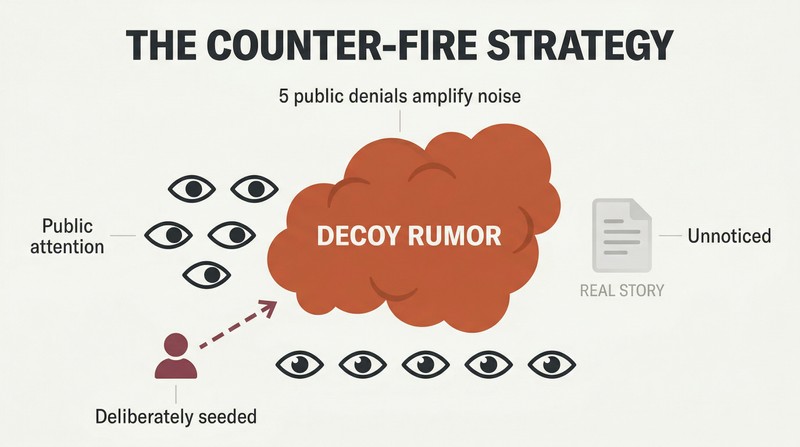 Proportion diagram showing a large smoke cloud labeled as a decoy rumor attracting all public attention while a small document representing the real story goes unnoticed in its shadow.