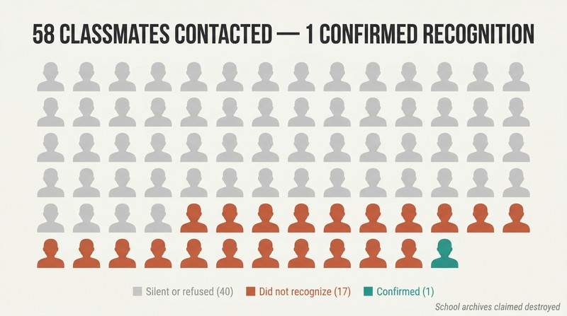 Grid of 58 human silhouette icons color-coded to show that 40 refused to respond, 17 did not recognize the person, and only 1 confirmed recognition.