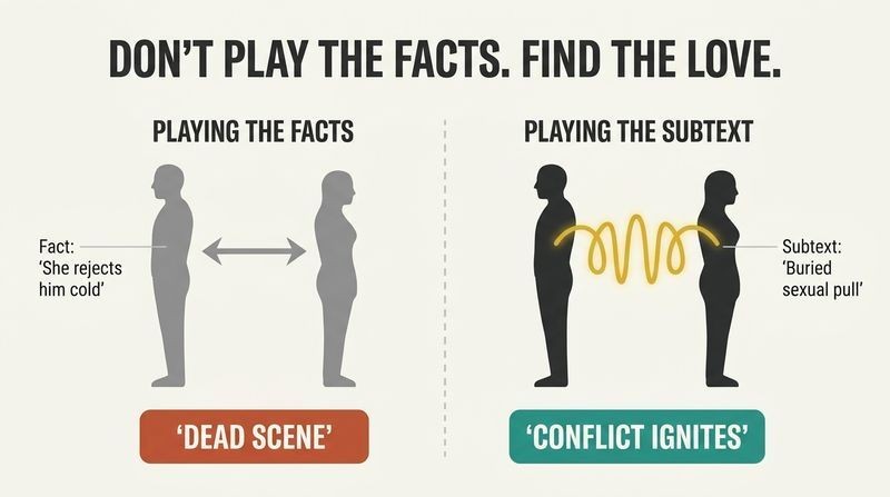 A split-panel diagram contrasting a flat, factual approach to acting with a layered approach that uncovers buried emotional connection to ignite dramatic conflict.