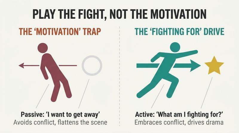 Split panel comparison contrasting a passive slouched actor backing away from a faded goal under "Motivation" with an active, lunging actor driving toward a gold star under "What Am I Fighting For?".