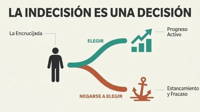 A fork diagram showing a person at a crossroads where making an active choice leads upward to progress, while refusing to choose slides downward to stagnation.