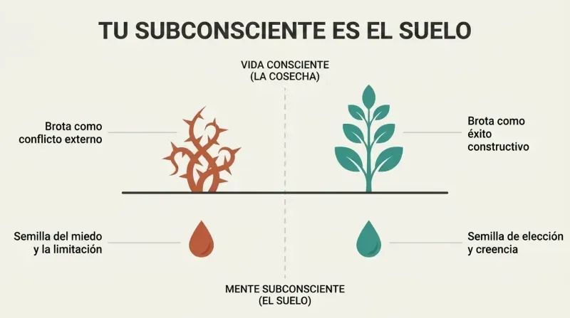 A split-panel diagram depicting how the subconscious mind act as soil, automatically growing negative thoughts into limitations and positive decisions into success.