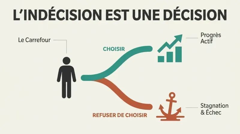 A fork diagram showing a person at a crossroads where making an active choice leads upward to progress, while refusing to choose slides downward to stagnation.