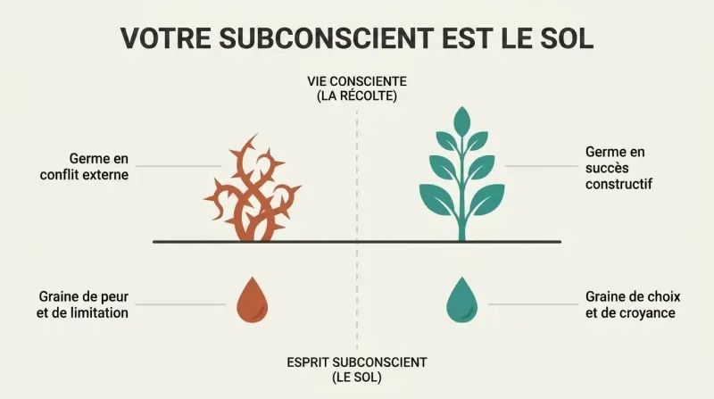 A split-panel diagram depicting how the subconscious mind act as soil, automatically growing negative thoughts into limitations and positive decisions into success.