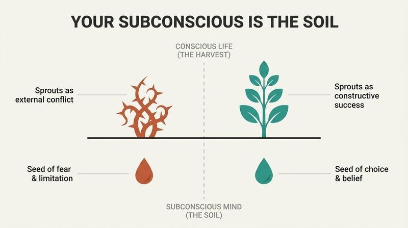 A split-panel diagram depicting how the subconscious mind act as soil, automatically growing negative thoughts into limitations and positive decisions into success.