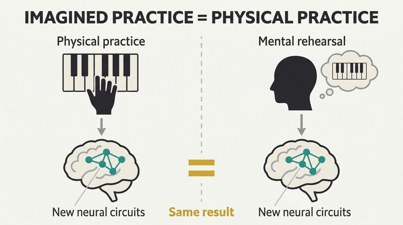 Split panel comparing physical piano practice and mental rehearsal, both producing identical neural circuit growth shown in matching brain diagrams below.