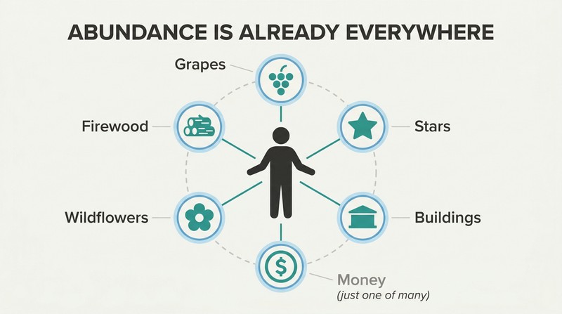 Hub-and-spoke diagram with a person at center connected by radiating lines to six icons representing diverse forms of abundance, with money as just one among equals.