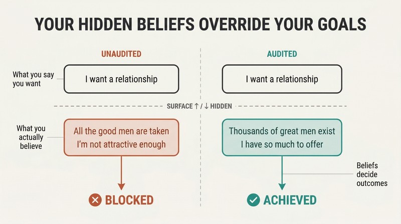 Split panel comparing misaligned beliefs blocking a goal on the left versus aligned beliefs achieving the same goal on the right, each shown as surface and hidden layers.
