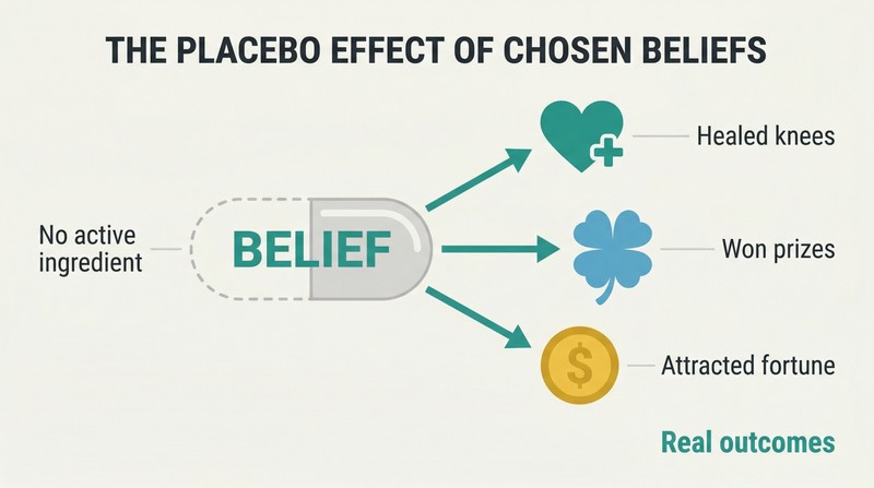 Half-empty capsule labeled "belief" at center with three arrows radiating outward to icons representing health, luck, and wealth outcomes.